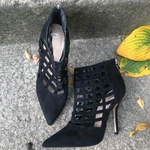 N by Nicole Miller Velvet Suede Open Lattice Stiletto Heel Booties. Black. 9M